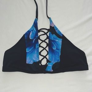 Blue and black floral halter bikini top